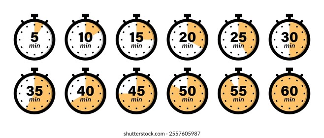 Timer, clock, stopwatch icon set with 5 minutes gap in yellow and black color vector illustration. Set of timers. 5, 10, 15, 20, 25, 30, 35, 40, 45, 50, 55, and 60 minutes. Countdown timer icons set.