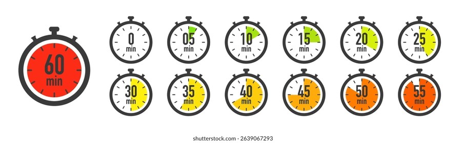 Timer, clock stopwatch icon set with 5 minutes gap. 5, 10, 15, 20, 25, 30, 35, 40, 45, 50, 55, and 60 minutes. Countdown timer vector illustration