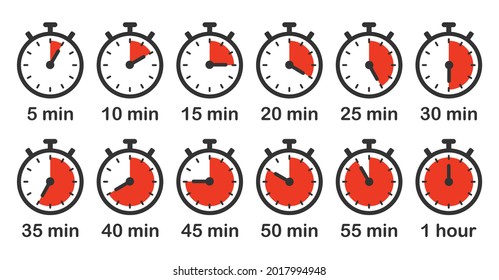 Timer, clock, stopwatch icon sign sign collection. 5-60 minute counter time logo shape set. Vector illustration image. Isolated on white background.