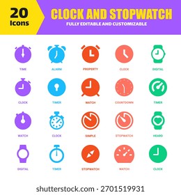 Ícones de cronômetro, relógio e cronômetro em estilo de vetor plano colorido para aplicativos e infográficos.