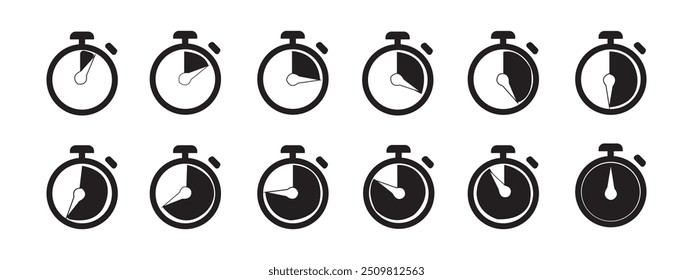 Timer, clock, stopwatch icons with different time. Countdown timer symbol icon set. Eps 10