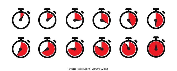 Timer, Uhr, Stoppuhr-Symbole mit unterschiedlicher Zeit. Symbol für Countdown-Zeitgeber eingestellt. EPS 10