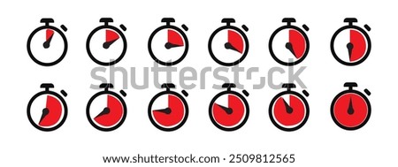 Timer, clock, stopwatch icons with different time. Countdown timer symbol icon set. Eps 10