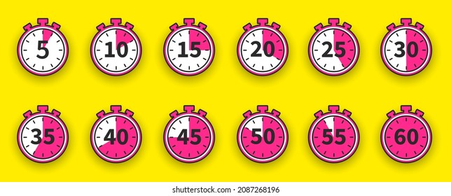 Timer, Clock, Stopwatch Icons Set. Time Minutes. Label Cooking Time On Yellow Background. Vector illustration. EPS 10