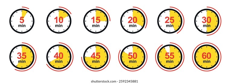 Timer, clock, stopwatch icons set. Minutes, Countdown timer and clock vector icons set. Label cooking time. Vector illustration isolated on white background