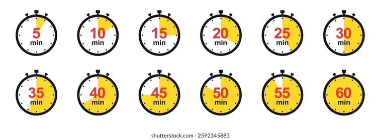 Timer, clock, stopwatch icons set. Minutes, Countdown timer and clock vector icons set. Label cooking time. Vector illustration isolated on white background