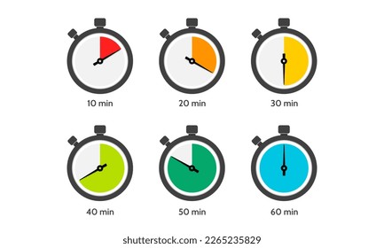 Timer, clock, stopwatch. Intervals vary every 10 minutes. Vector illustration.