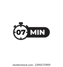 Timer, clock, stopwatch isolated on white background. Label cooking time. Vector illustration. 7 min.