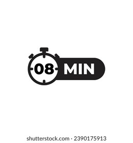 Timer, clock, stopwatch isolated on white background. Label cooking time. Vector illustration. 8 min.