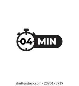 Timer, reloj, cronómetro aislado sobre fondo blanco. Tiempo de cocción de etiquetas. Ilustración vectorial. 4 min.