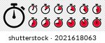 Timer, clock, stopwatch isolated set icons with different time. Countdown timer symbol icon set. Sport clock with red colored time meaning. Label cooking symbols. Stopwatch signs