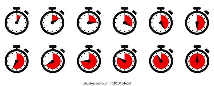 Timer, clock, stopwatch isolated set icons with different time. Countdown timer symbol icon set. Sport clock with red colored time meaning. Label cooking symbols. Stopwatch collection - vector