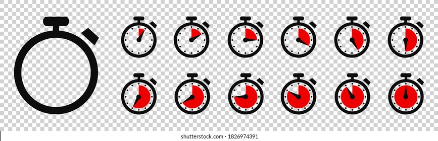 Timer, clock, stopwatch isolated set icons with different time. Countdown timer symbol icon set. Sport clock with red colored time meaning. Label cooking symbols. Stopwatch collection