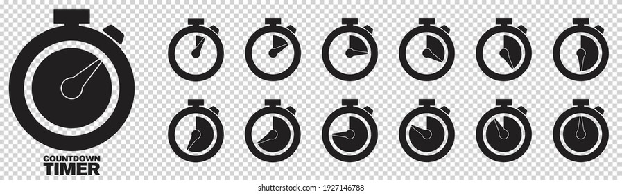 Timer, clock, stopwatch isolated set icons with different time. Countdown timer symbol icon set. Sport clock with red colored time meaning. Label cooking symbols. Stopwatch collection