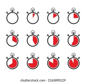 Timer, clock, stopwatch isolated set icons with different time. Countdown timer symbol icon set. Sport clock with red colored time meaning. Label cooking symbols. Stopwatch signs