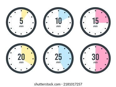 Timer, clock, stopwatch isolated set icons. 5, 10, 15, 20, 25, 30 min. Label cooking time. Vector illustration