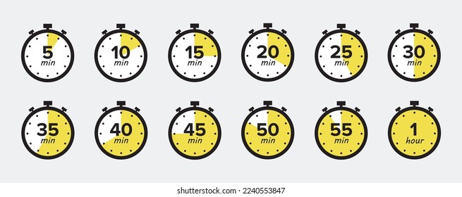 Timer, clock, stopwatch isolated set icons with different time. Countdown timer symbol icon set. Sport clock with red colored time meaning. Label cooking symbols. Stopwatch signs. 10 EPS.