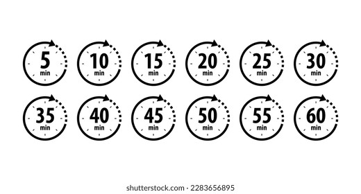 Timer, clock, stopwatch isolated set icons with different time. Countdown timer symbol icon set. Minute timer icons set. Countdown5,10,15,20,25,30,35,40,45,50,55, minutes