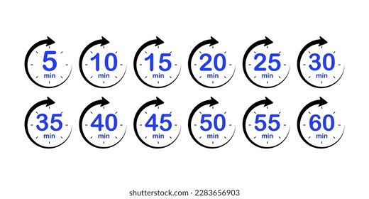 Timer, Uhr, Stoppen Sie einzelne Set-Symbole mit unterschiedlicher Zeit. Symbol für den Countdown-Timer-Symbol eingestellt. Minutenzeiger-Symbole gesetzt. Countdown5,10,15,20,25,30,35,40,45,50,55, Minuten