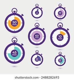 Timer, clock, stopwatch isolated set icons. Countdown timer symbol icon set. Label cooking time. Vector illustration