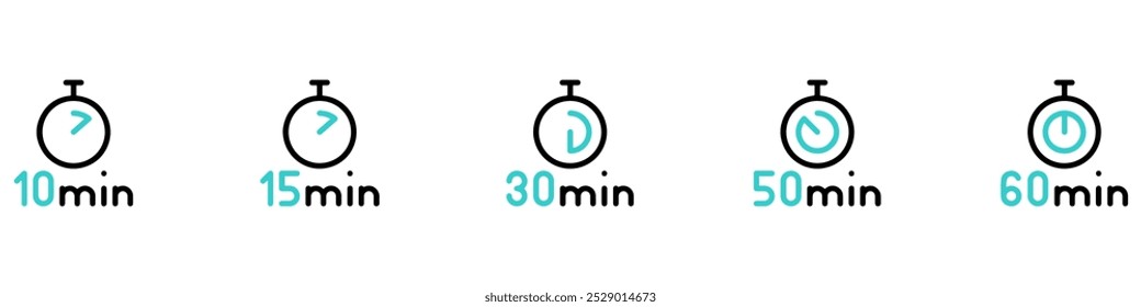 Timer, clock, stopwatch isolated set icons. Countdown timer symbol icon set. Label cooking time. Vector illustration. EPS 10