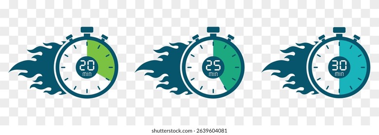 Timer, clock, stopwatch isolated set icons.20,25,30 mins digital numbers on transparent background. Label cooking time. Vector illustration