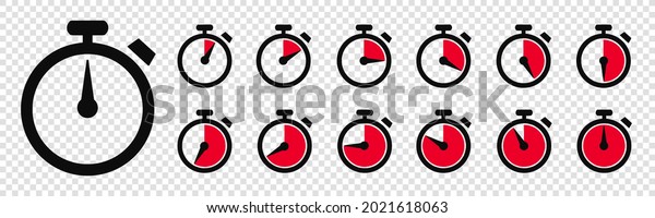 Timer, clock,\
stopwatch isolated set icons with different time. Countdown timer\
symbol icon set. Sport clock with red colored time meaning. Label\
cooking symbols. Stopwatch\
signs