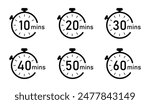 Timer, clock, stopwatch isolated vector icon. Timer icon set, timer from 10 to 60 minutes, vector illustration. 10, 20, 30, 40, 50, 60 min, timer clock.