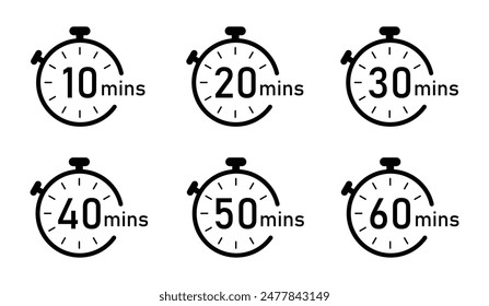 Timer, Uhr, Stoppuhr Isolated Vektorgrafik Symbol. Timer-Icon-Set, Timer von 10 bis 60 Minuten, Vektorillustration. 10, 20, 30, 40, 50, 60 Min., Zeitschaltuhr.