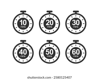 Timer, clock, stopwatch isolated vector icon. Timer icon set, timer from 10 to 60 minutes, vector illustration. 10, 20, 30, 40, 50, 60 min, timer clock. Stopwatch icon set.