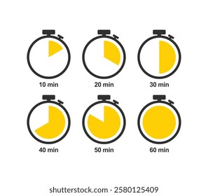 Timer, clock, stopwatch isolated vector icon. Timer icon set, timer from 10 to 60 minutes, vector illustration. 10, 20, 30, 40, 50, 60 min, timer clock. Stopwatch icon set.