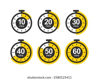 Timer, clock, stopwatch isolated vector icon. Timer icon set, timer from 10 to 60 minutes, vector illustration. 10, 20, 30, 40, 50, 60 min, timer clock. Stopwatch icon set.