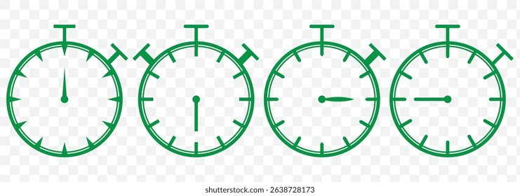 Timer, clock, stopwatch isolated vector icon. Green Timer icon set, timer from 10 to 60 minutes, vector illustration. 10, 20, 30, 40, 50, 60 min, timer clock on Transparent Background. EPS 10.