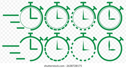 Timer, clock, stopwatch isolated vector icon. Green Timer icon set, timer from 10 to 60 minutes, vector illustration. 10, 20, 30, 40, 50, 60 min, timer clock on Transparent Background. EPS 10.