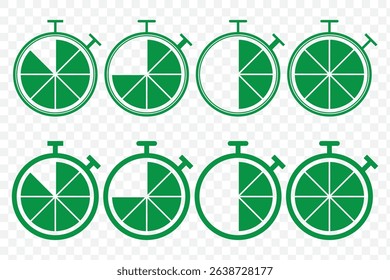 Timer, clock, stopwatch isolated vector icon. Green Timer icon set, timer from 10 to 60 minutes, vector illustration. 10, 20, 30, 40, 50, 60 min, timer clock on Transparent Background. EPS 10.