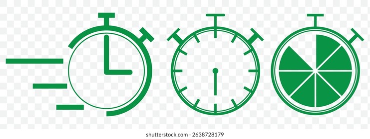 Timer, clock, stopwatch isolated vector icon. Green Timer icon set, timer from 10 to 60 minutes, vector illustration. 10, 20, 30, 40, 50, 60 min, timer clock on Transparent Background. EPS 10.
