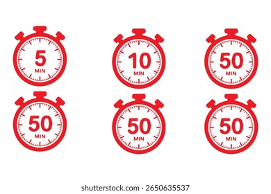 
Temporizador, relógio, cronômetro ícone de vetor isolado. Ícone de temporizador definido, temporizador de 10 a 60 minutos, ilustração vetorial. 10