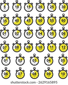 Timer, clock, stopwatch of minute, second and hour icon set. Countdown alarm timer symbol vector collection isolated on transparent background. Label cooking time speed. Watch timepiece sign.