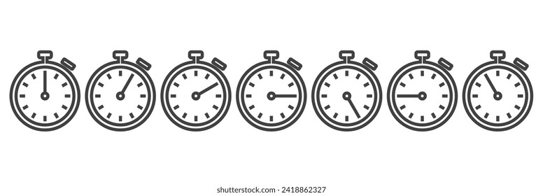 Timer, clock, stopwatch set icons with different time. Countdown timer symbol icon set. Stopwatch and Timer icon line. Stopwatch icons set on Transparent background. Timer symbol vector illustration.