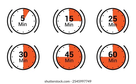 Cronômetro, relógio, cronômetro ajustam ícones. Conjunto de ícones de símbolo de timer de contagem regressiva. Hora de cozimento do rótulo.  5, 15, 25, 30, 45 e 60 minutos. Ilustração em vetor isolada.