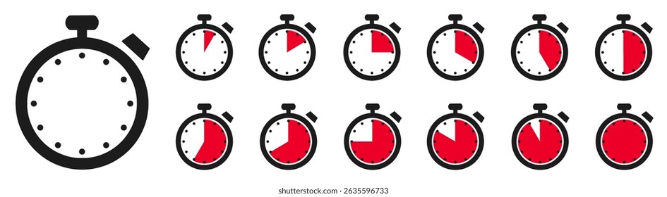 Timer clock, stopwatch set icons with different time. Countdown timer symbol icon set. Sport clock with time meaning. Label cooking symbols. Stopwatch intervals signs
