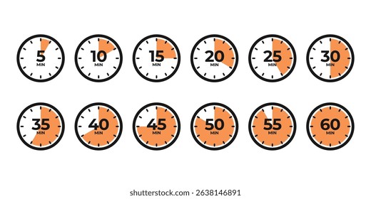 Timer, clock, stopwatch set icons isolated on white background. Vector illustration.