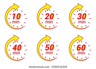 Timer, clock, stopwatch set, vector, silhouette icons. Minute timer icons, vector set. 10, 20, 30, 40, 50, 60 Minute timer icons set. Countdown timer symbol, vector, icon set. Vector illustration.