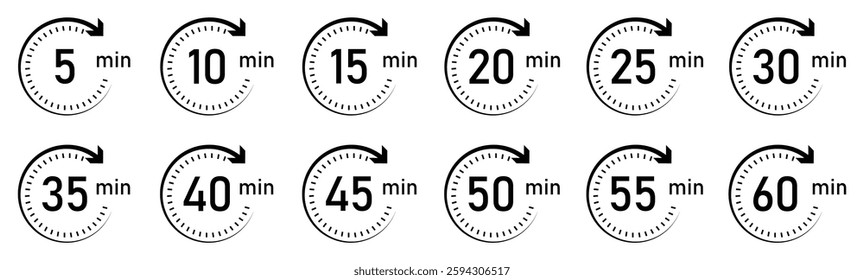 Timer, clock, stopwatch vector icon set. Timer icon set, timer from 5 to 60 minutes. 5, 10, 15, 20, 25, 30, 35, 40, 45, 50, 55, 60 min, timer clock isolated vector illustration. Flat style.