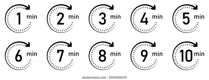 Timer, clock, stopwatch vector icon set. Timer icon set, timer from 1 to 10 minutes. 1, 2, 3, 4, 5, 6, 7, 8, 9, 10, min, timer clock isolated vector illustration. Flat style.