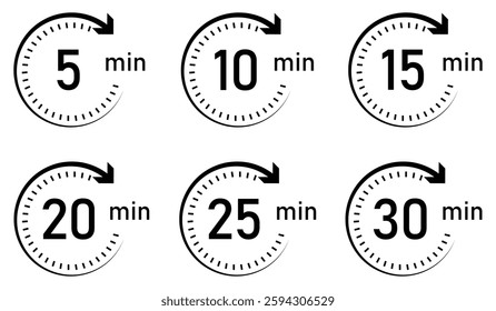 Timer, clock, stopwatch vector icon set. Timer icon set, timer from 5 to 30 minutes. 5, 10, 15, 20, 25, 30, min, timer clock isolated vector illustration. Flat style.