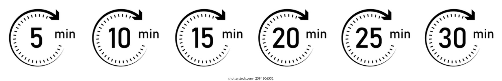 Timer, clock, stopwatch vector icon set. Timer icon set, timer from 5 to 30 minutes. 5, 10, 15, 20, 25, 30, min, timer clock isolated vector illustration. Flat design.