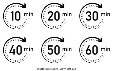 Timer, clock, stopwatch vector icon set. Timer icon set, timer from 10 to 60 minutes. 10, 20, 30, 40, 50, 60 min, timer clock isolated vector illustration. Flat style.