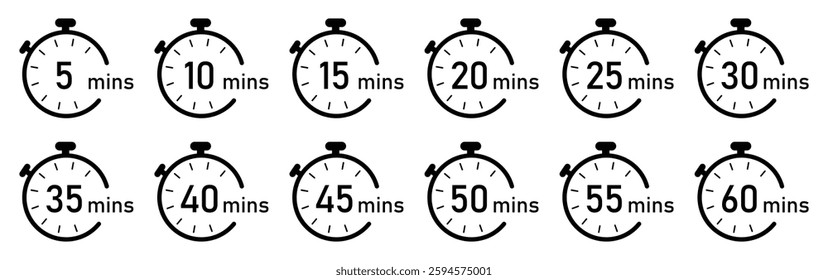 Timer, clock, stopwatch vector icon set from 5 to 60 minutes. 5, 10, 15, 20, 25, 30, 35, 40, 45, 50, 55, 60 min, timer clock isolated vector illustration. Flat style. Countdown icons.