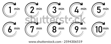Timer, clock, stopwatch vector icon set. Timer icon set, timer from 1 to 10 minutes. 1, 2, 3, 4, 5, 6, 7, 8, 9, 10, min, timer clock isolated vector illustration. Flat style.